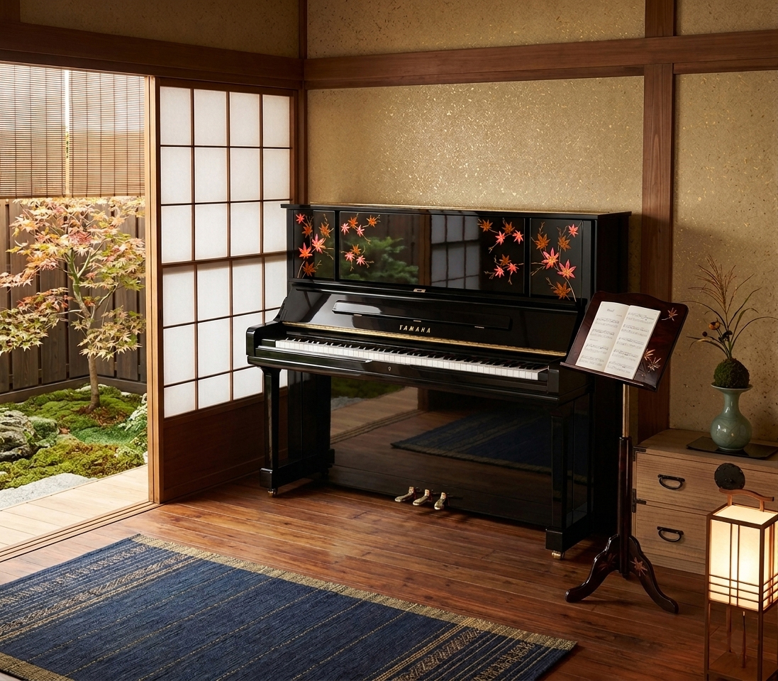 彩輝光蒔絵ピアノ~音紅葉~ 京都伝統工芸の京蒔絵と京都オパールを使った新工芸の彩輝光蒔絵ヤマハグランドピアノYU30音紅葉