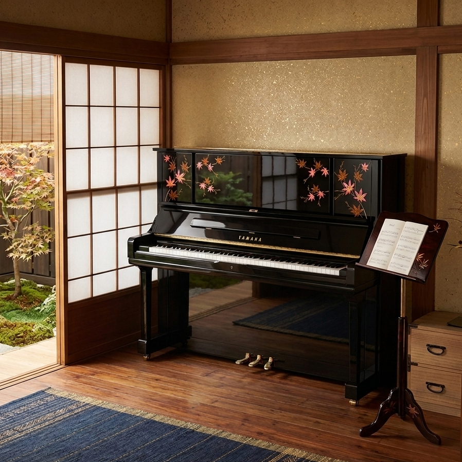 京都伝統工芸の京蒔絵を施した彩輝光蒔絵ヤマハアップライトピアノ秋モデルYU30音紅葉おともみじ（京都オパール）,紅葉ピアノ,愛知県犬山市のヤマハ真和楽器